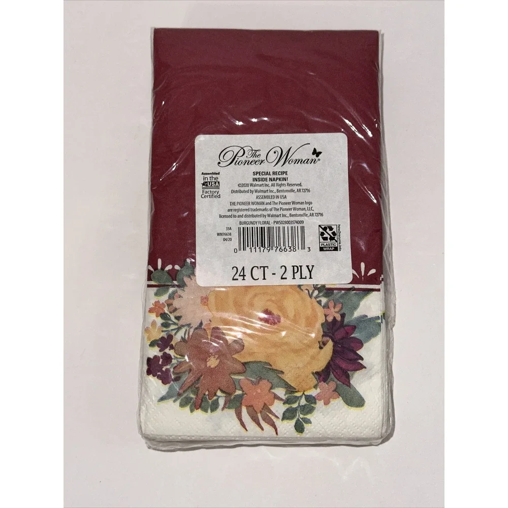 Pioneer Woman Burgundy Floral Paper Napkins 24 Count 2 Ply Recipe Inside PW76638